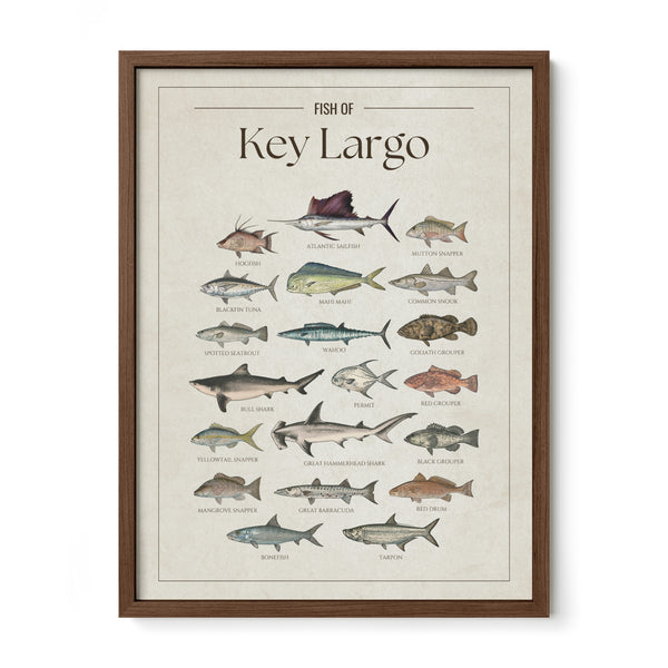 Fish of Key Largo poster with walnut frame featuring illustrated saltwater fish species found in the Florida Keys, including Atlantic sailfish, mahi mahi, tarpon, wahoo, blackfin tuna, permit, snook, red grouper, goliath grouper, and hammerhead shark. Vintage fish identification print for anglers, sport fishermen, and coastal home decor.
