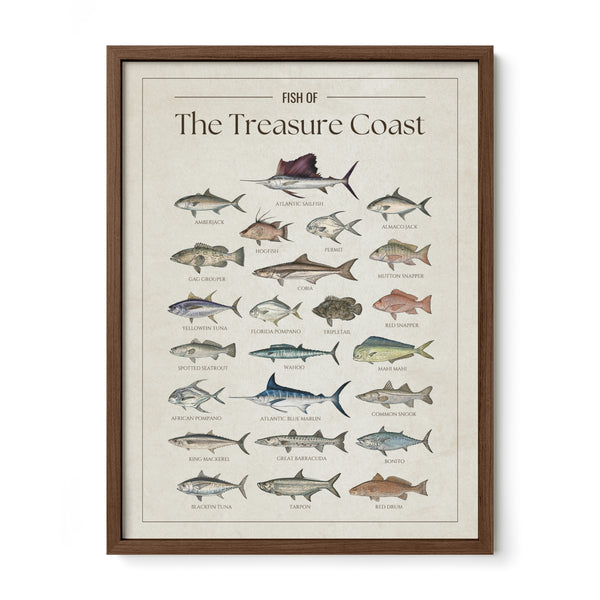 Fish of the Treasure Coast poster with walnut frame featuring illustrated Florida saltwater fish species including Atlantic sailfish, Atlantic blue marlin, mahi mahi, wahoo, tarpon, yellowfin tuna, blackfin tuna, king mackerel, cobia, snook, red snapper, and barracuda. Vintage Florida fish identification print and coastal wall art for anglers and fishing enthusiasts.
